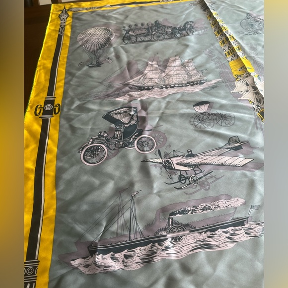 Ba Shidi 100% Silk Scarf Automobile Motif Silk Woven Design Yellow Gray Chinese - Picture 3 of 9